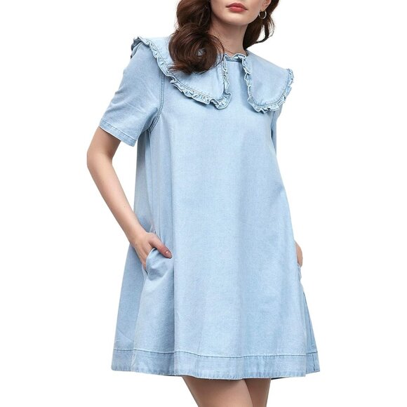 Women's Cotton-Poly Denim Mini Dress Summer Casual Peter Pan Collar Pockets